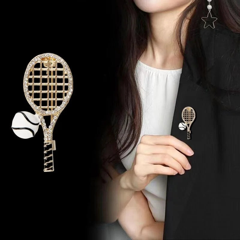 Elegant Rhinestone Enamel Tennis Racket And Ball Brooch, Gold Alloy Sports Lapel Pin Gift For Women