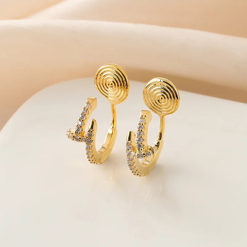 Elegant Gold Zircon Spiral Disc C Hoop Stud & Clip On No Piercing Commuter Fashion Earrings