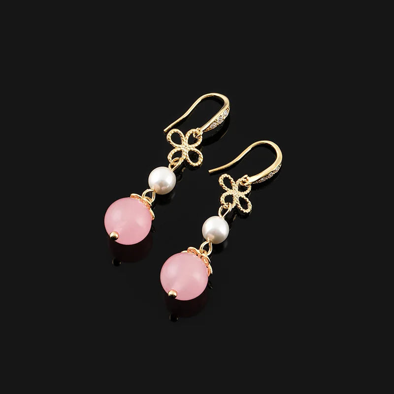 Elegant Chinese Style Pink Round Bead Pearl Flower Rhinestone Alloy Drop Stud & Clip On No Piercing Earrings