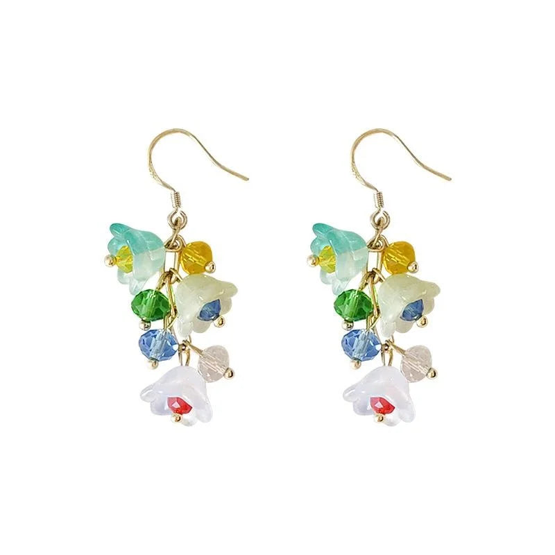 Handmade Silver Plated Glass Lily Of The Valley Tassel Drop Earrings, Pastoral Floral Style