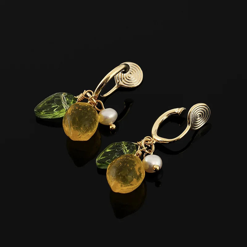 Elegant Lemon Fruit Green Leaf Crystal Pearl Alloy Stud & Clip On No Piercing Dangle Drop Earrings