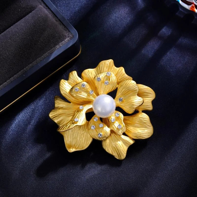 Elegant Gold Alloy Peony Flower Brooch With Pearl And Rhinestone Double Petals, 3D Lapel Pin Gift