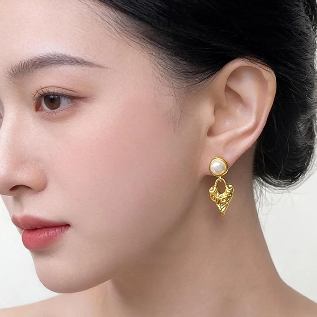 18K Gold Plated Lava Texture Heart Freshwater Pearl French Vintage Drop Earrings