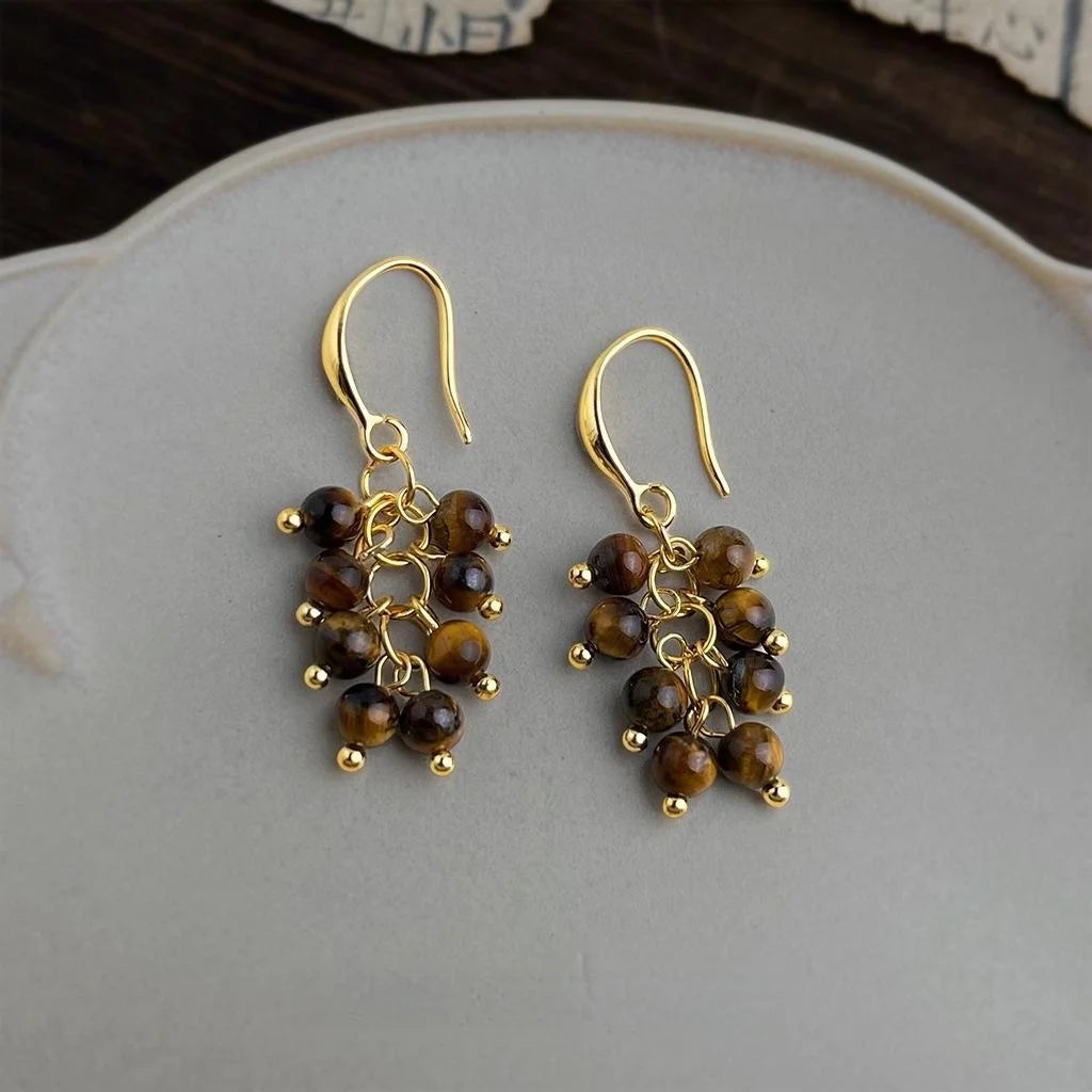 Handmade Vintage Maillard Copper Tiger Eye Stone Grape Cluster Tassel Drop Earrings