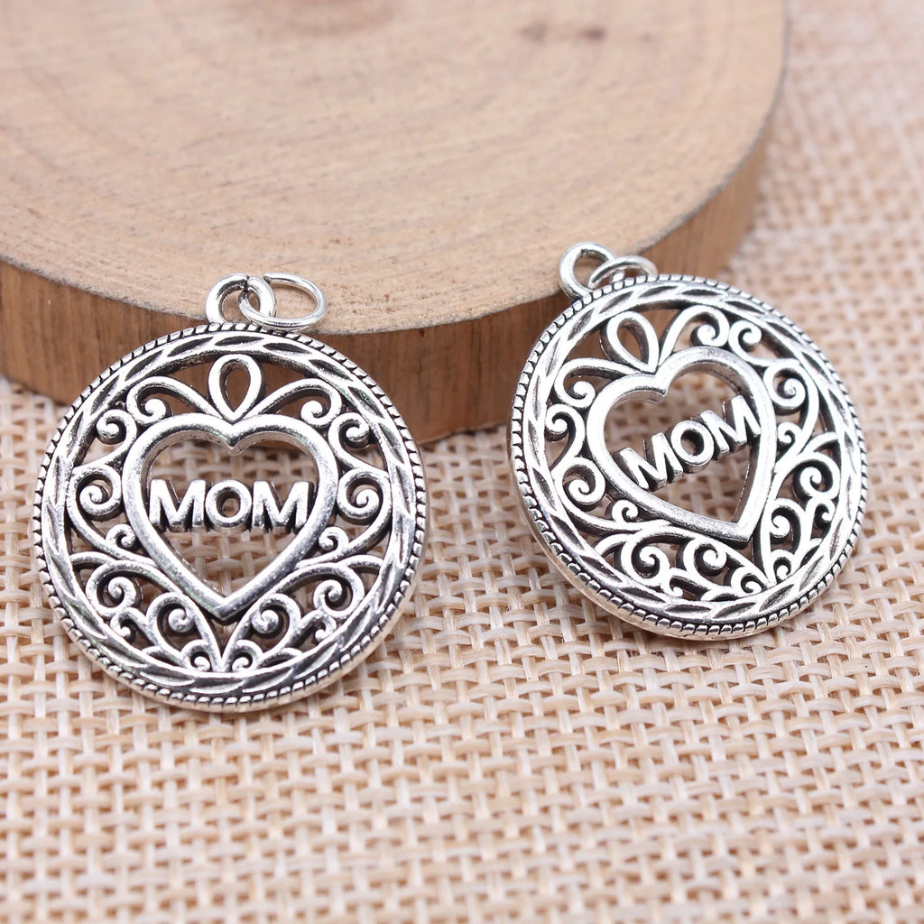 26x22mm 3.3g Antique Silver Zinc Alloy Lace Heart MOM Charm Pendant for DIY Mother Theme Jewelry
