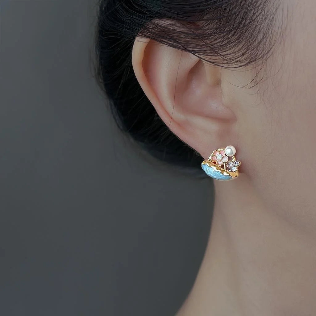 Pastoral Enamel Painted Flower Stud Earrings With Zirconia High Gloss Pearl Copper Jewelry