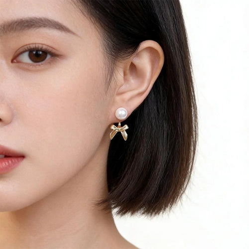 Two-Way Minimalist Bow Drop Earrings Copper Metal Glass Pearl Light Luxury Jewelry