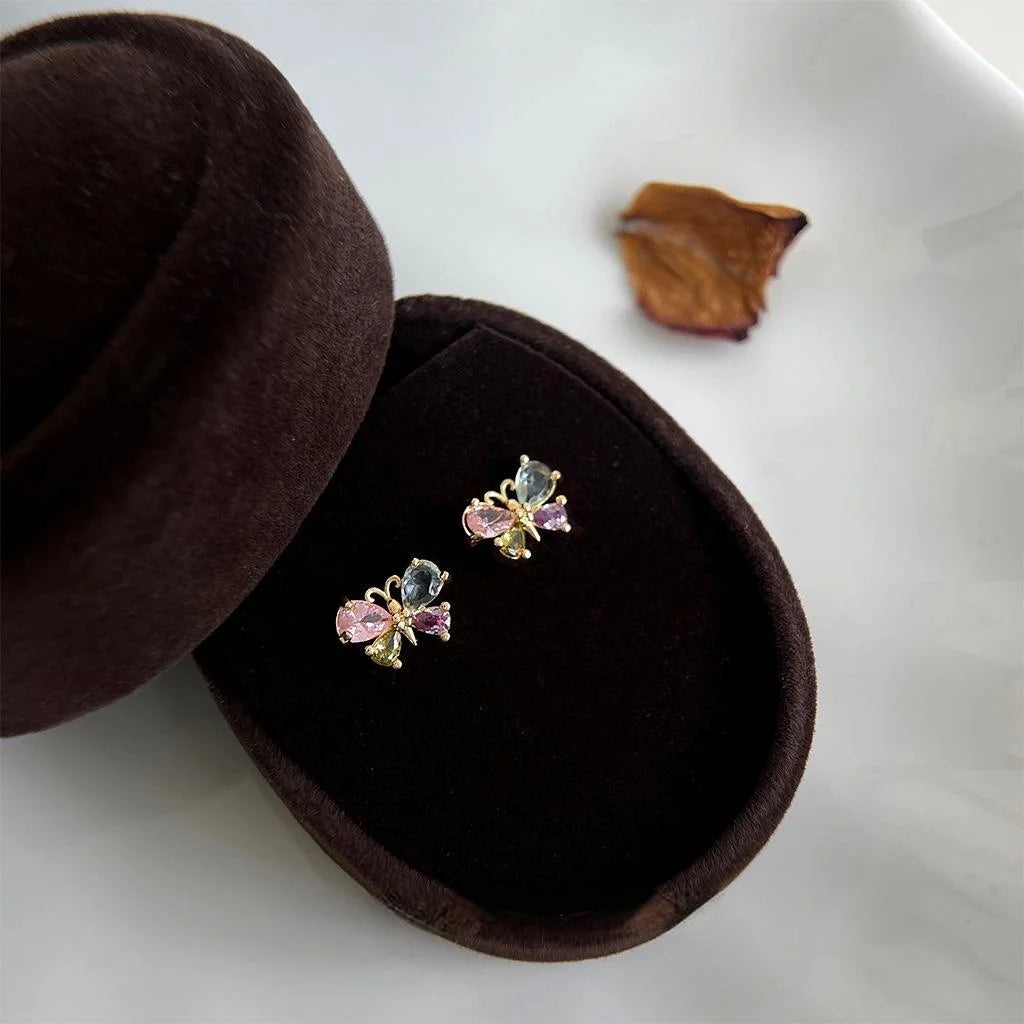 Mini Micro Pave Zircon Colorful Butterfly Stud Earrings Sweet Copper Jewelry For Women