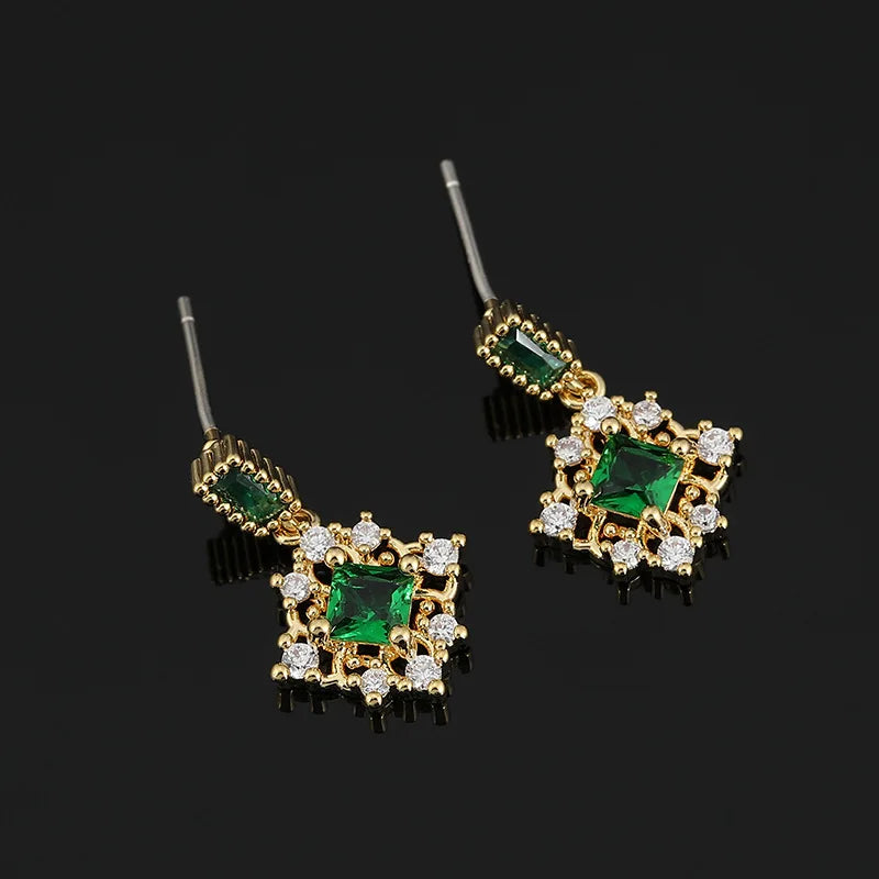 Luxury Green Zircon Spiral Disc Rhombus Drop Stud & Clip On No Piercing Rhinestone Earrings
