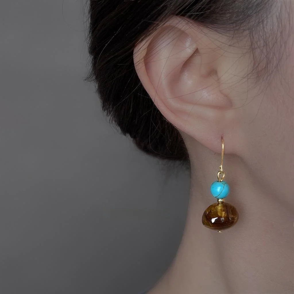 Vintage Style Handmade Geometric Resin Drop Earrings With Brown Marbled Round Oval Design