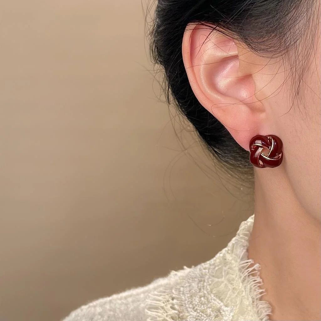 Premium Burgundy Enamel Geometric Hollow Stud Earrings, 14K Gold Plated Copper