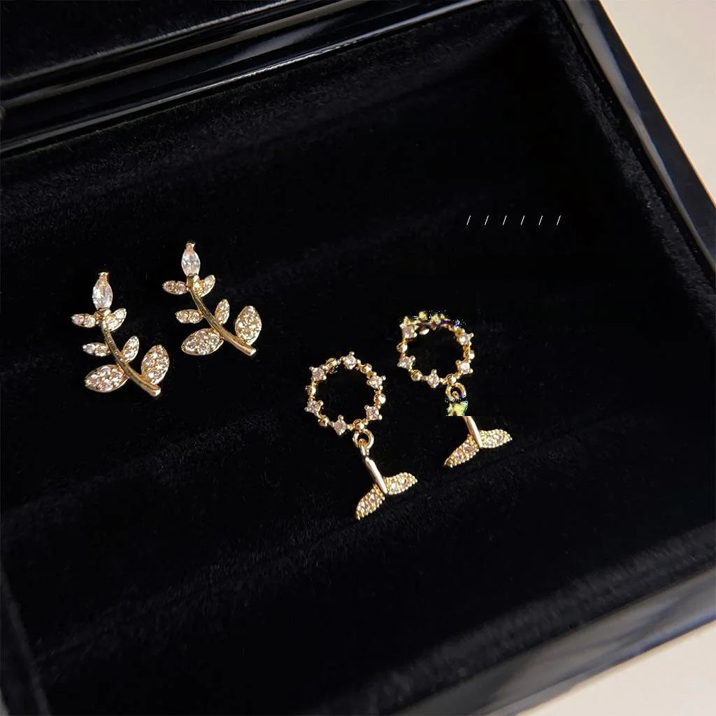 Mini 14K Gold Plated Copper Leaf Stud Earrings With Zircon Pave