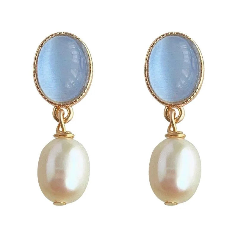 French Vintage 14K Gold Plated Copper Freshwater Pearl Glass Cat Eye Drop Earrings