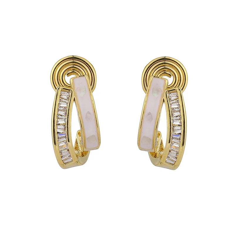 Elegant Curved Double Arc Mother Of Pearl Zircon Alloy Stud & Clip On No Piercing Earrings