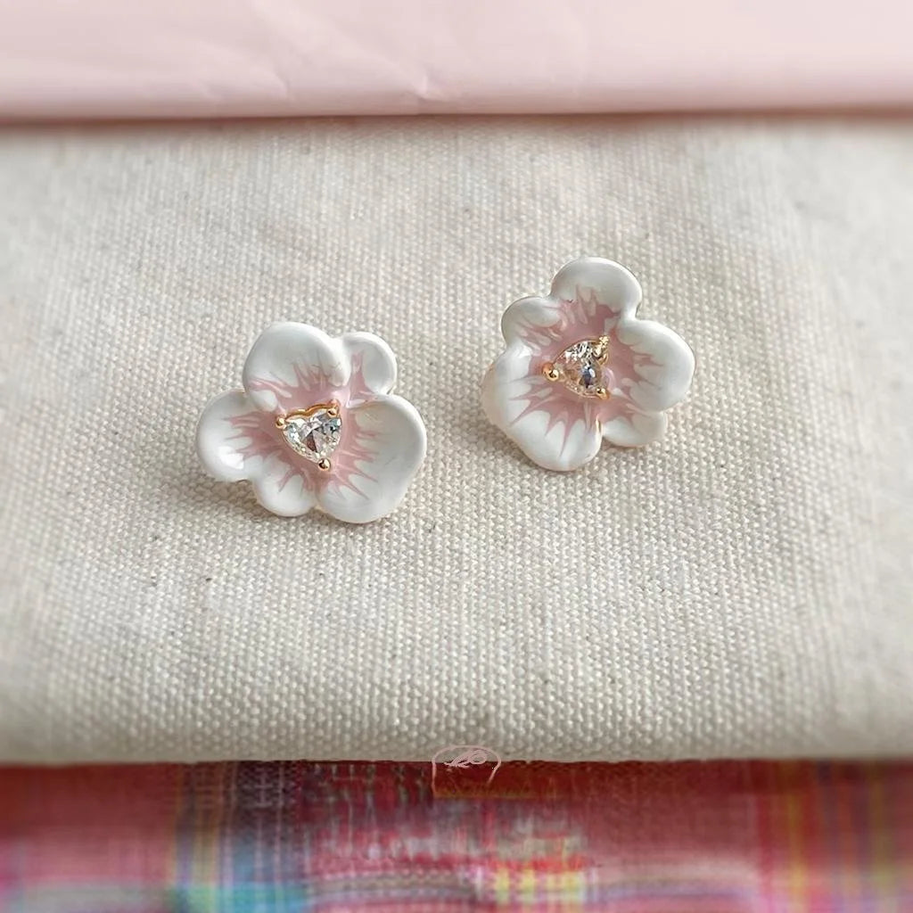 Sweet Enamel 3D Flower Stud Earrings Copper Micro Pave Zircon Office Jewelry