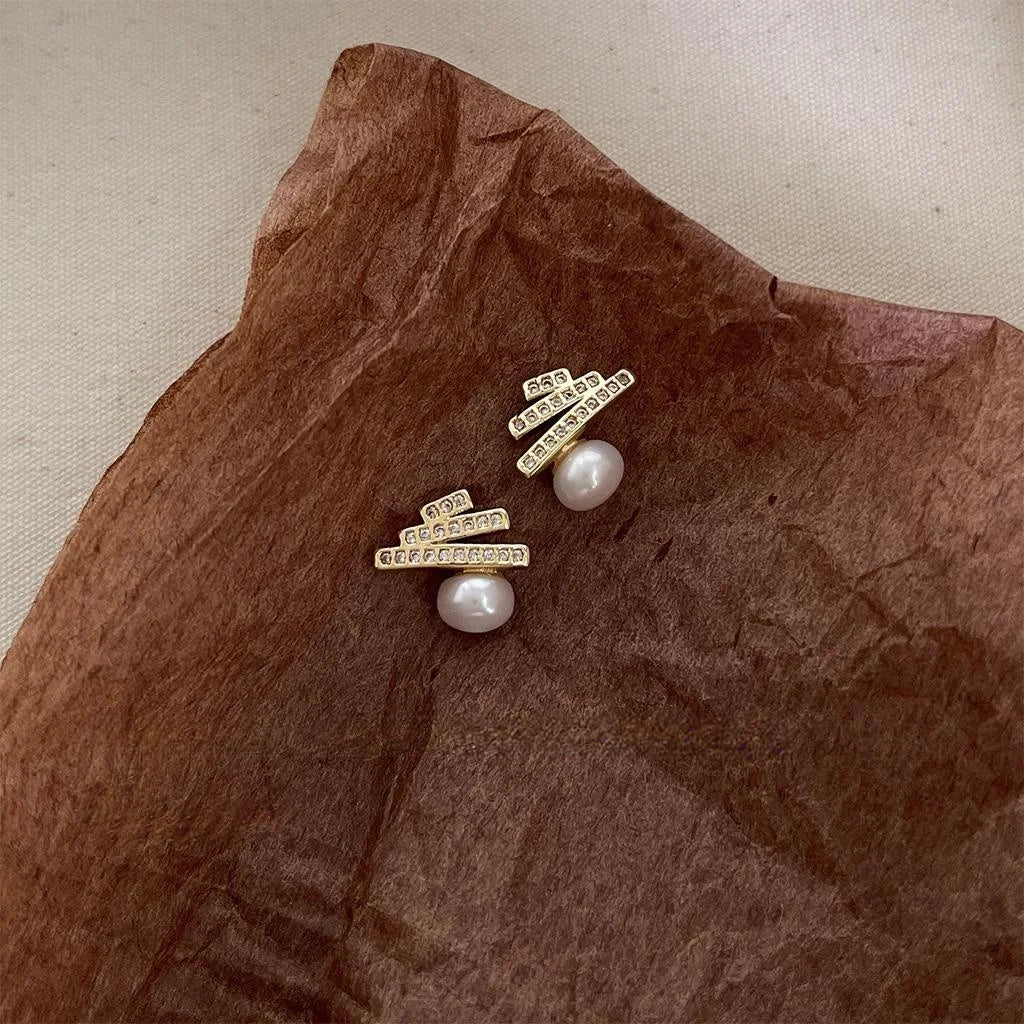 14K Gold Plated Copper Freshwater Pearl Zircon Geometric Line Christmas Tree Stud Earrings