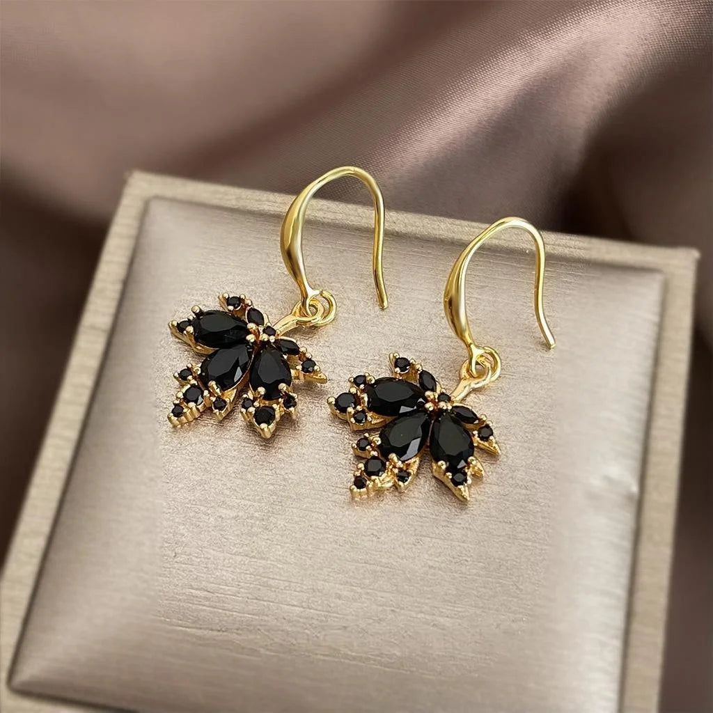 14K Gold Plated Copper Zircon Black Maple Leaf Drop Earrings Light Luxury Commuter Jewelry