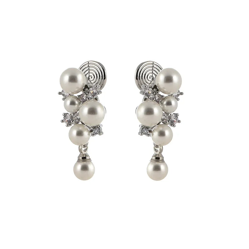 Luxury Vintage Grape Cluster Pearl Rhinestone Alloy Stud & Clip On No Piercing Drop Earrings