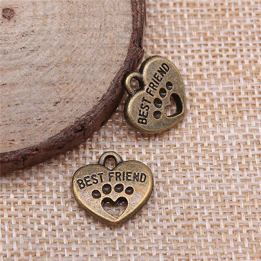 14x15mm 2.1g Zinc Alloy Heart Cat Paw Best Friends Hollow Double Sided Charm Pendant for DIY Bracelet Necklace Making