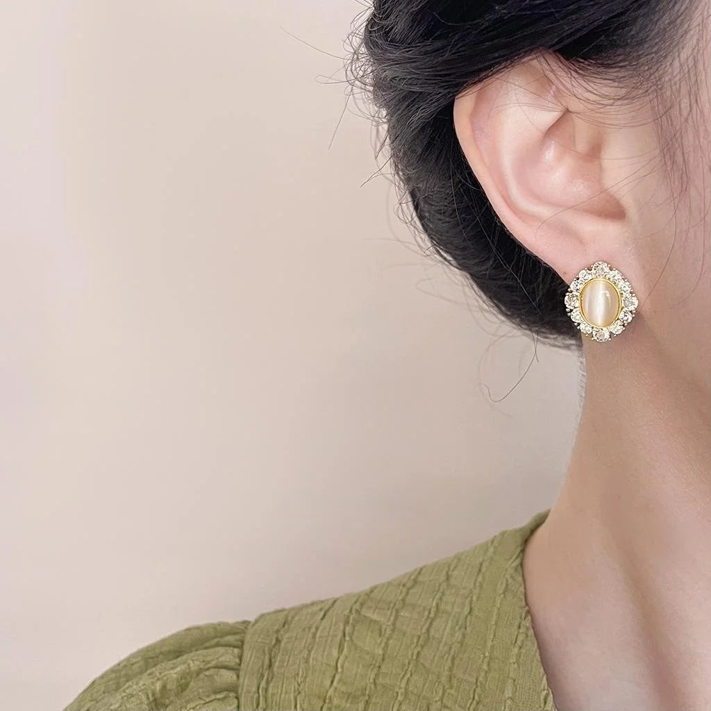 14K Gold Plated Copper Glass Cat Eye Stone Micro Pave Zircon Geometric Stud Earrings