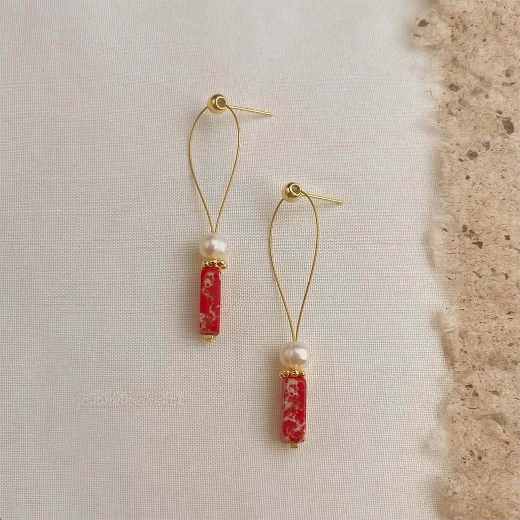 Designer Ethnic Geometric Line Drop Earrings With Natural Freshwater Pearls And Synthetic Red Turquoise