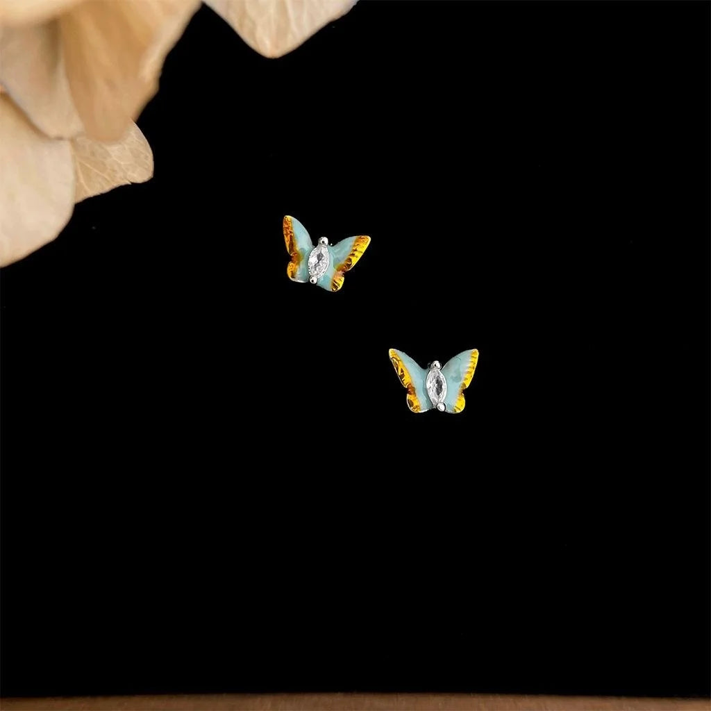 Vintage Enamel Gradient Haze Blue Mini Butterfly Stud Earrings Copper