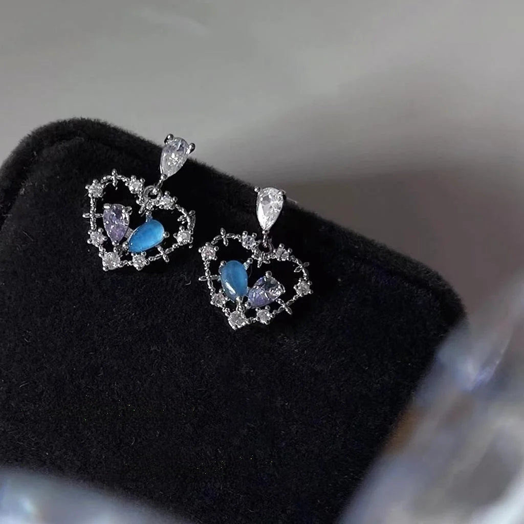 Sweet Cool Copper Hollow Heart Stud Earrings With Micro Pave Zircon And Two Tone Glass Cat Eye Stone