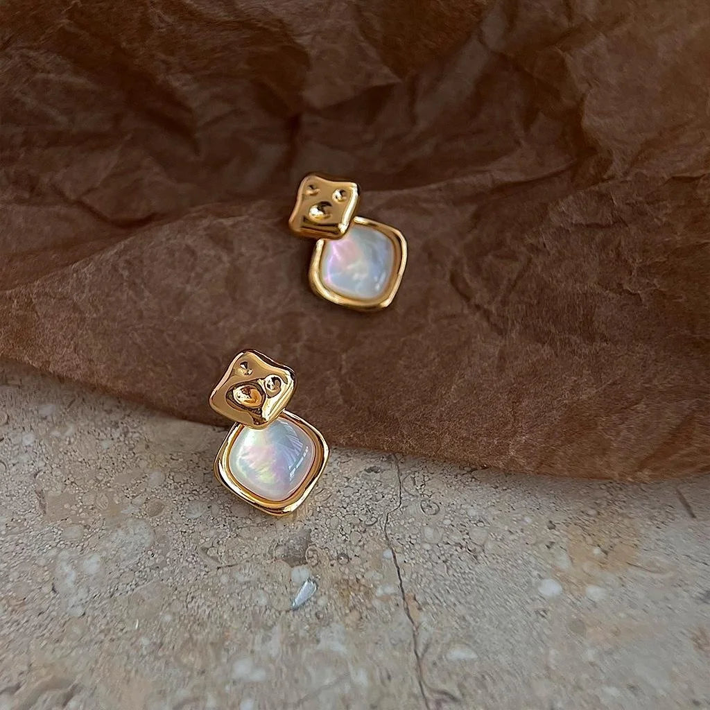 French Vintage Genuine Shell Geometric Square Copper Stud Earrings For Women
