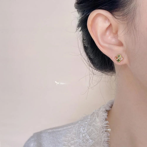Mini 14K Gold Plated Copper Micro Pave Zircon Geometric Flower Stud Earrings For Women