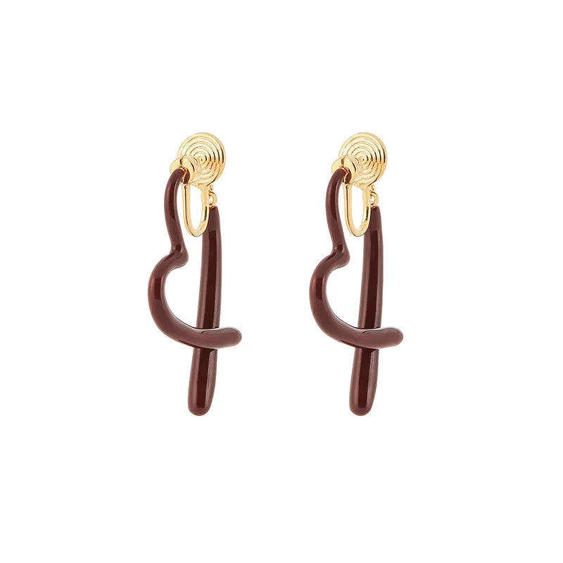 Elegant Burgundy Red Enamel Heart Spiral Hoop Alloy Stud & Clip On No Piercing Statement Drop Earrings