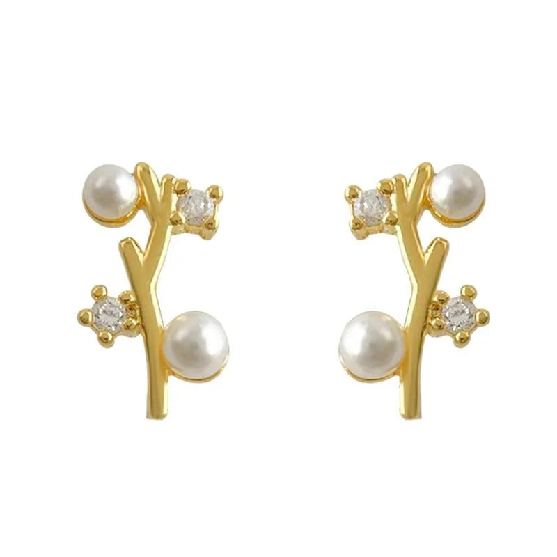14K Plated Eco Copper Geometric Branch Line Zircon Stud Earrings For Women
