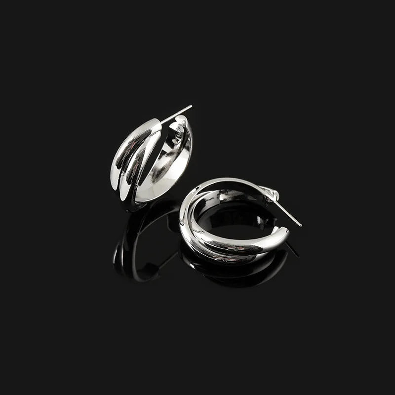 Elegant Alloy Double C Hoop Stud & Clip On No Piercing Silver Tone Hong Kong Style Women's Earrings