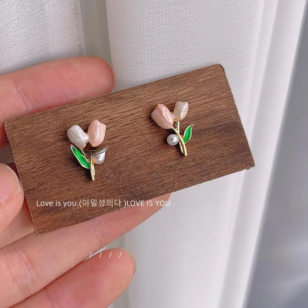 Sweet Pink Enamel Tulip Flower Copper Stud Earrings, Two Tone Elegant Cute Daily Jewelry