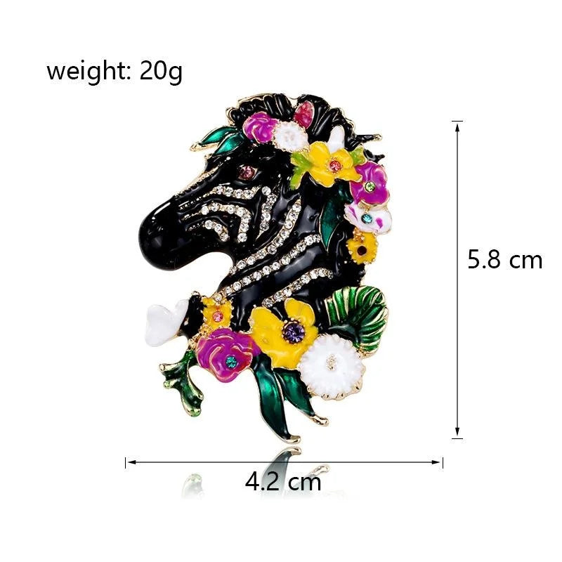 Elegant Enamel Zebra Head Brooch With Rhinestone Floral Wreath, Animal Lapel Pin Suit Accessory Gift