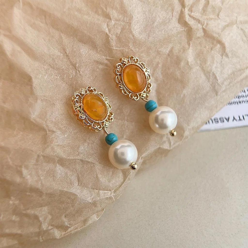 French Vintage 14K Gold Plated Copper Pearl Oval Floral Drop Earrings