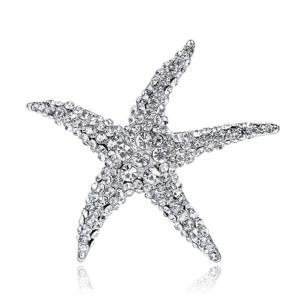 Luxury Alloy Starfish Full Rhinestone Brooch Elegant Crystal Lapel Pin Corsage Suit Accessory Gift