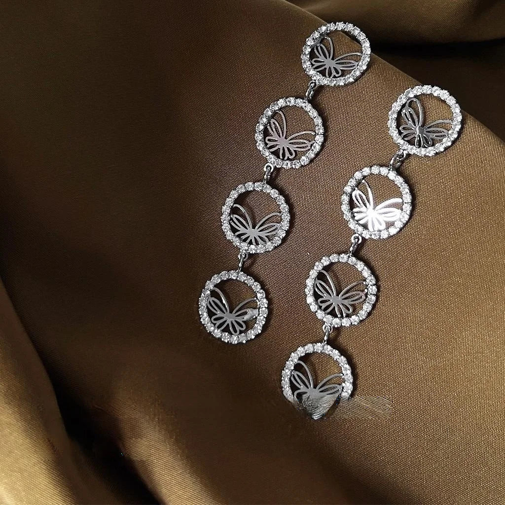 Luxury Copper Silver Plated Full Rhinestone Petal Butterfly Tassel Stud Earrings For Women