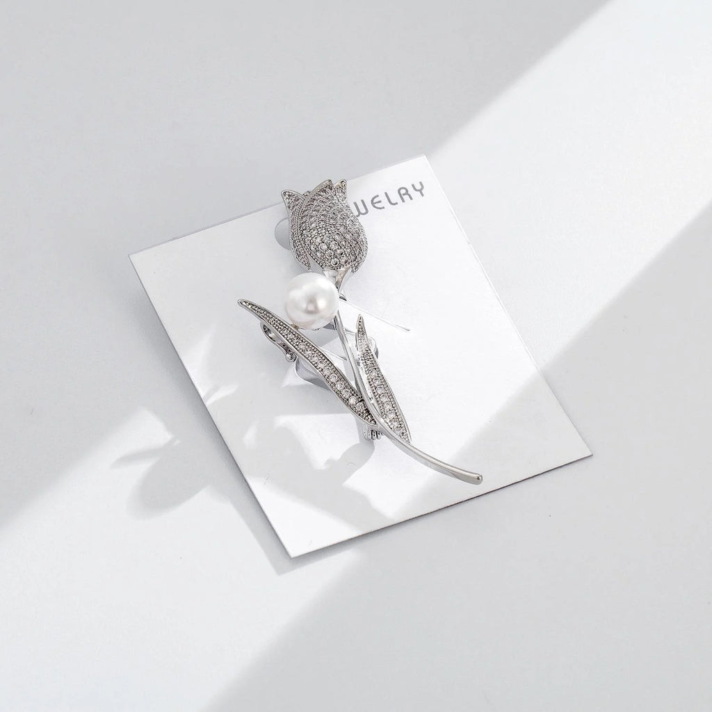 Elegant Tulip Flower Brooch With Pearl And Zircon Rhinestones, Luxury Lapel Pin Corsage Gift