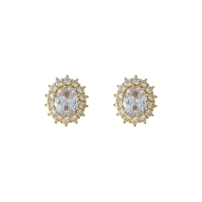 French Style Luxury Micro Pave Zircon Oval Copper 14K Plated Stud Earrings