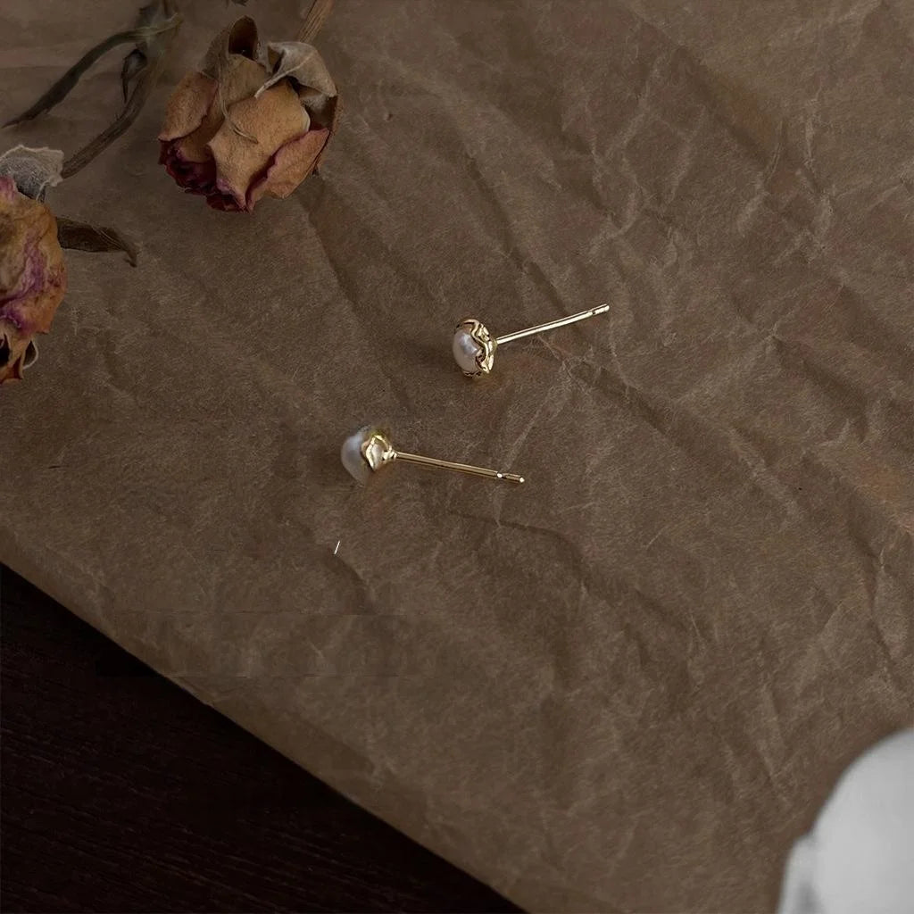 Minimalist Freshwater Pearl Stud Earrings 14K Plated Copper Geometric Light Luxury Jewelry