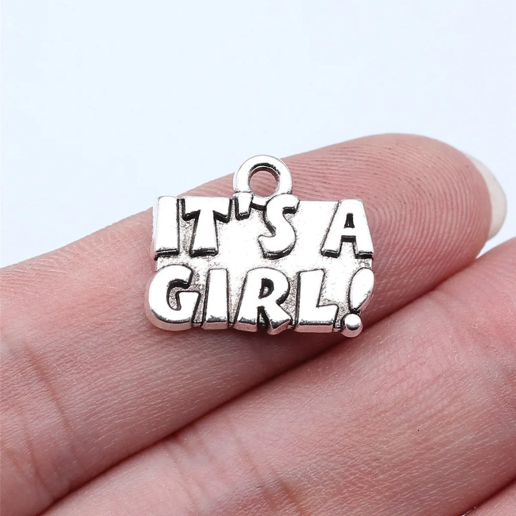 17x14mm 1.7g Antique Silver Zinc Alloy IT'S A GIRL Word Tag Charm Pendant for DIY Bracelet Jewelry