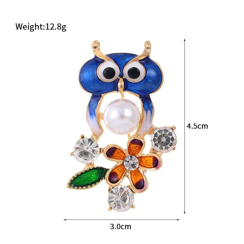 Cute Blue Enamel Owl And Flower Brooch With Rhinestones And Faux Pearl, Elegant Lapel Pin Gift