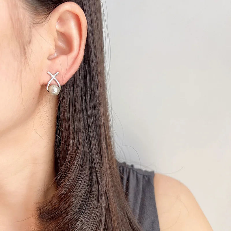 Elegant Cross Rhinestone Grey Pearl Spiral Stud & Clip On No Piercing Women's Fashion Earrings