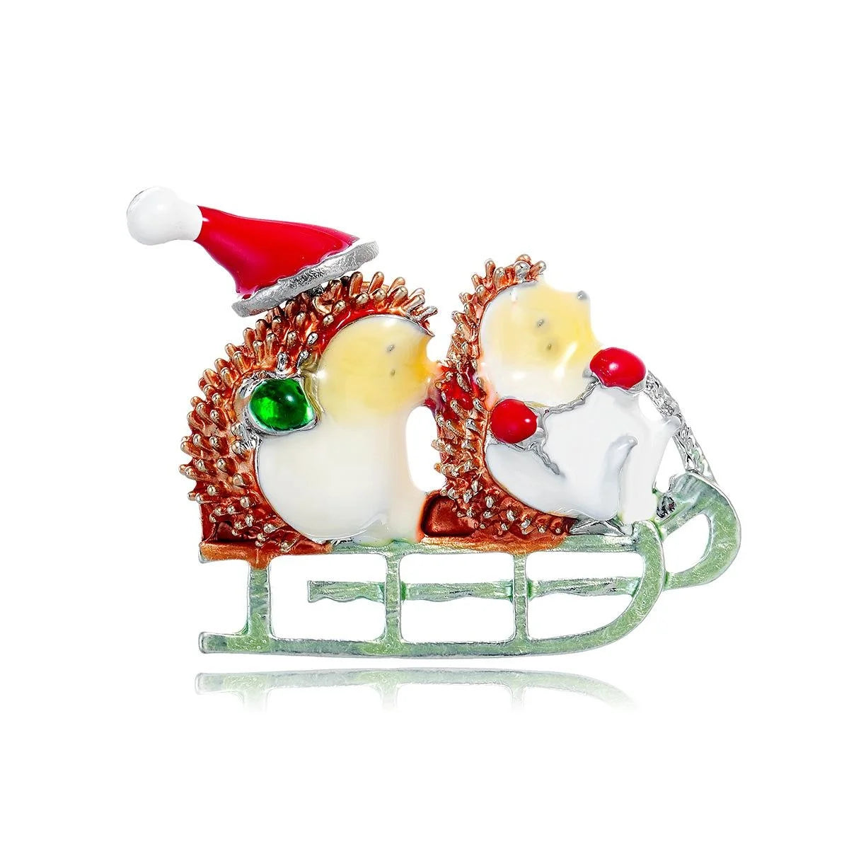 Cute Christmas Hedgehog Sled Enamel Rhinestone Brooch, Festive Alloy Lapel Pin Corsage Gift