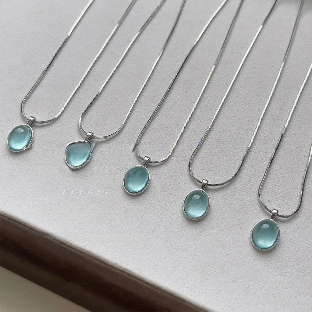 Copper Aquamarine Color Oval Geometric Necklace Elegant Transparent Collarbone Chain