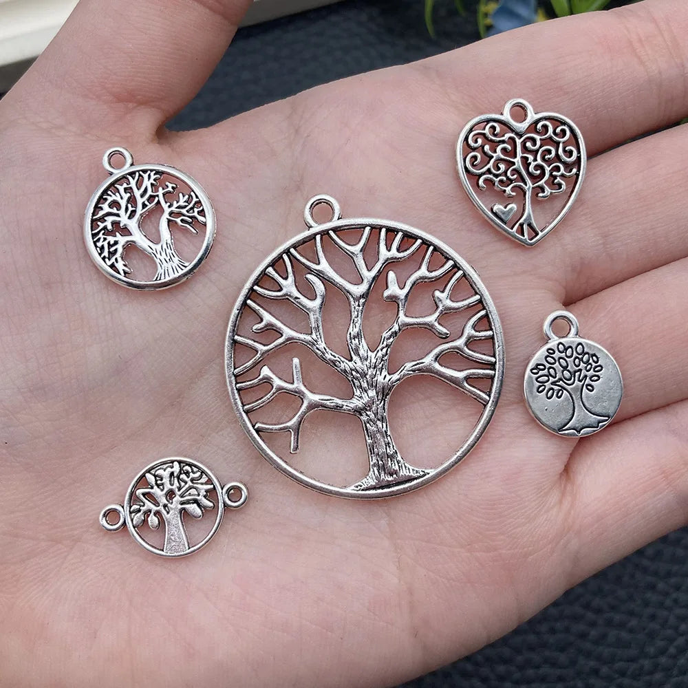 Antique Silver Zinc Alloy Hollow Tree of Life Bead for DIY Beaded Jewelry Making