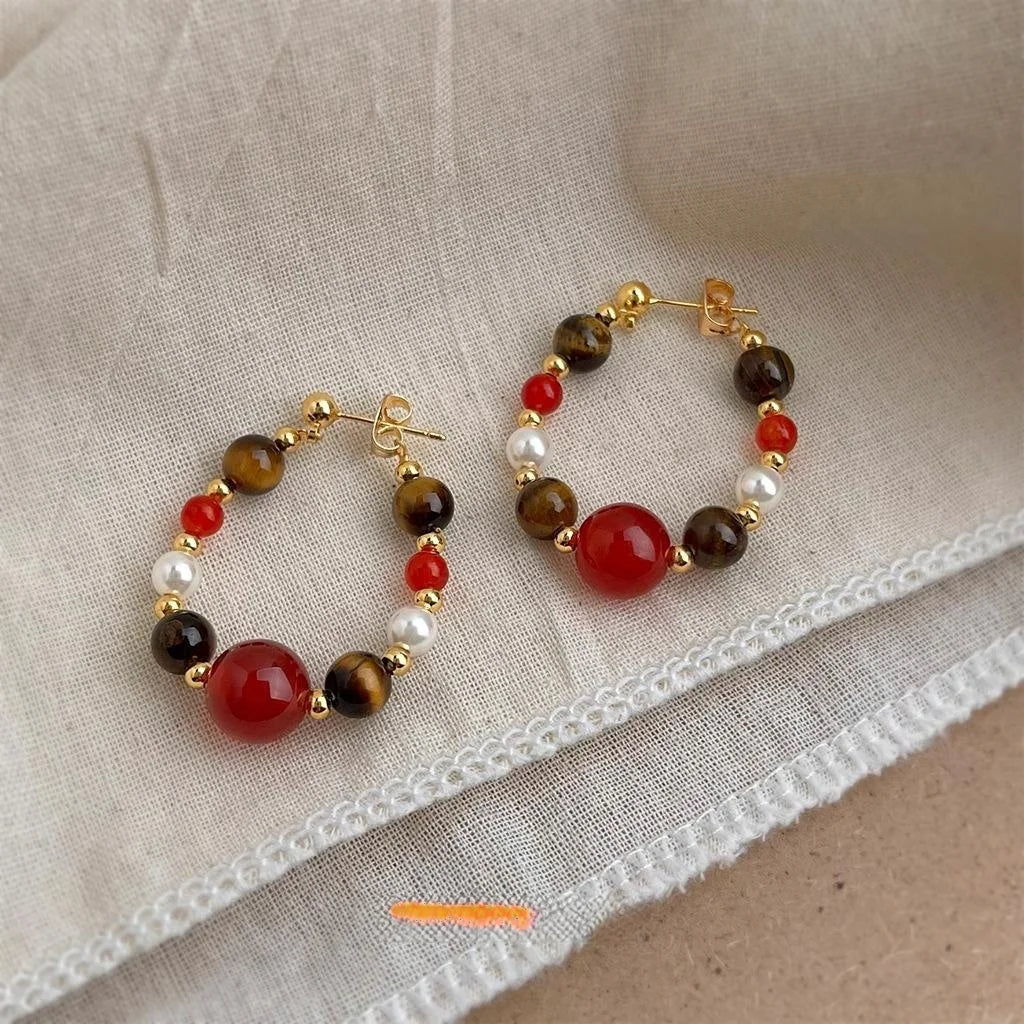 New Chinese Retro Copper Tiger Eye Red Agate Pearl Geometric Drop Earrings