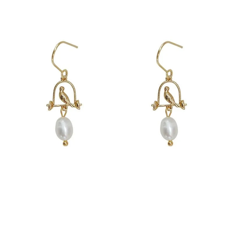 French Vintage Copper Freshwater Pearl Caged Bird Drop Earrings Handmade Palace Style Jewelry
