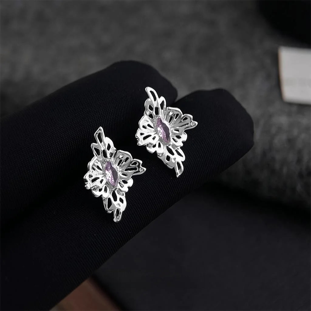 Luxury Original Designer Silver Plated Copper Zircon 3D Floral Stud Earrings For Women