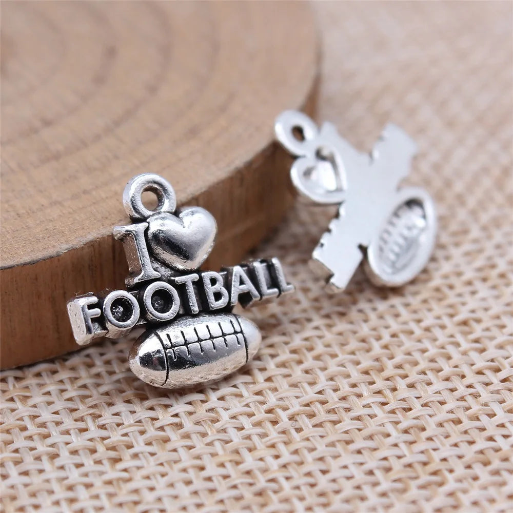 19x16mm 1.3g Antique Silver Zinc Alloy I Love Football Charm Pendant for DIY Sports Jewelry Making